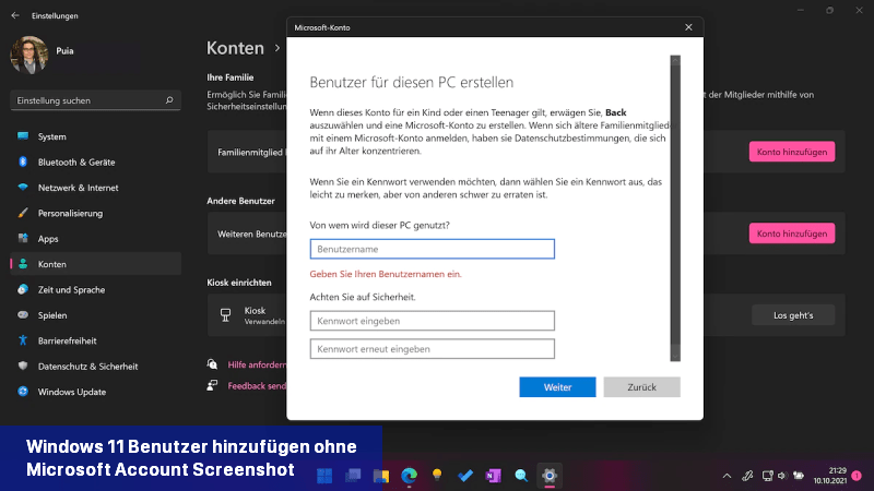 Windows 11 Benutzer hinzufügen ohne Microsoft Account Screenshot