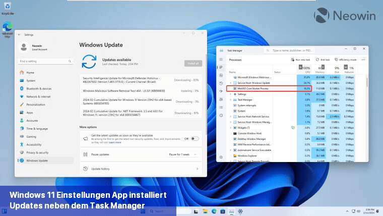 Windows 11 Einstellungen-App installiert Updates neben dem Task-Manager