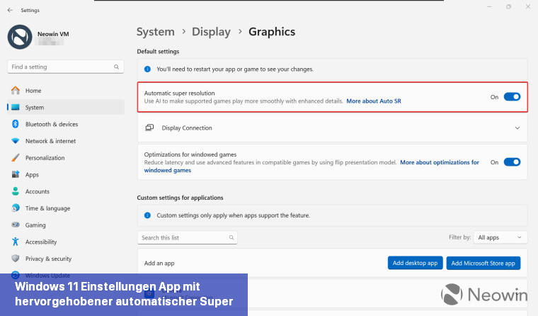 Windows 11 Einstellungen-App mit hervorgehobener automatischer Super Resolution-Option