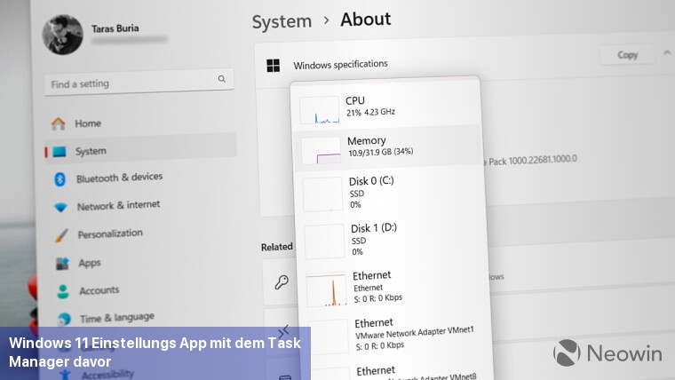 Windows 11-Einstellungs-App mit dem Task-Manager davor