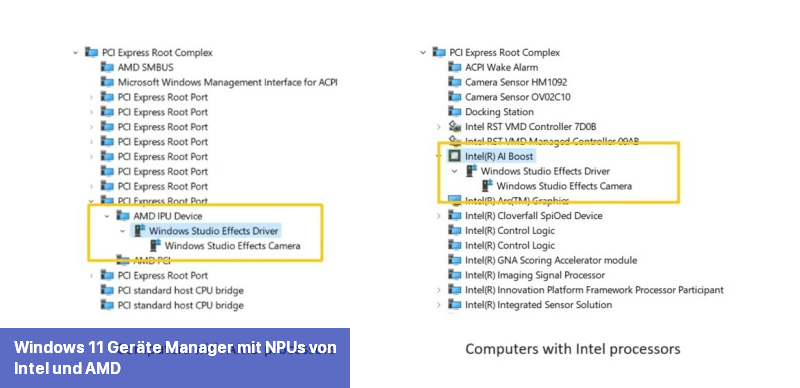 Windows 11-Geräte-Manager mit NPUs von Intel und AMD