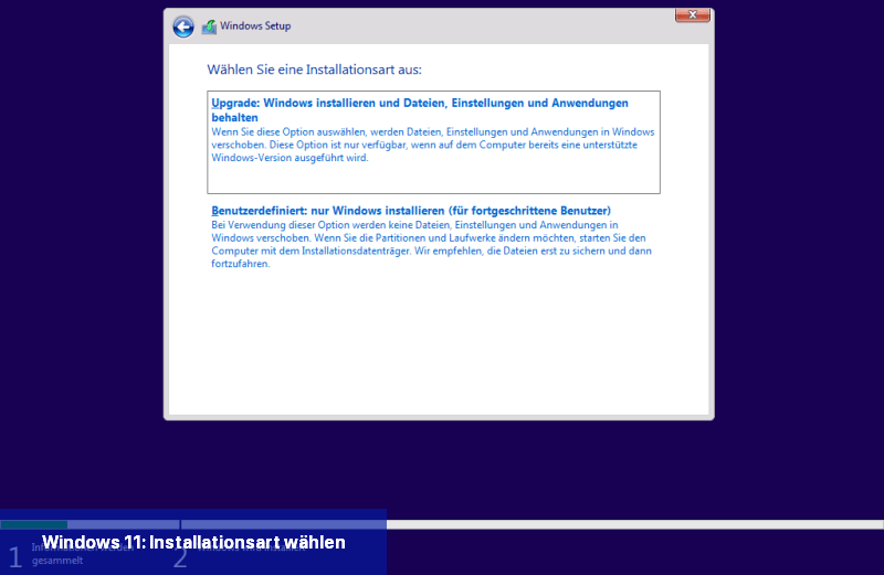 Windows 11: Installationsart wählen