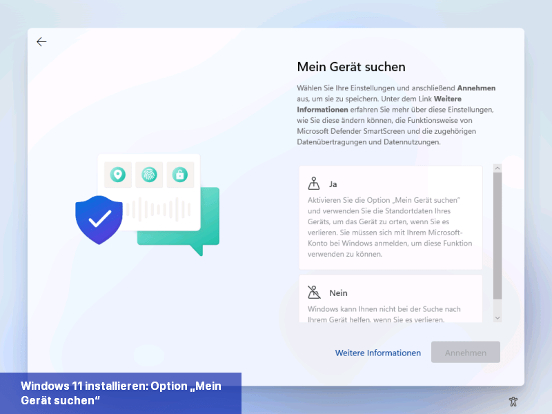 Windows 11 installieren: Option „Mein Gerät suchen“