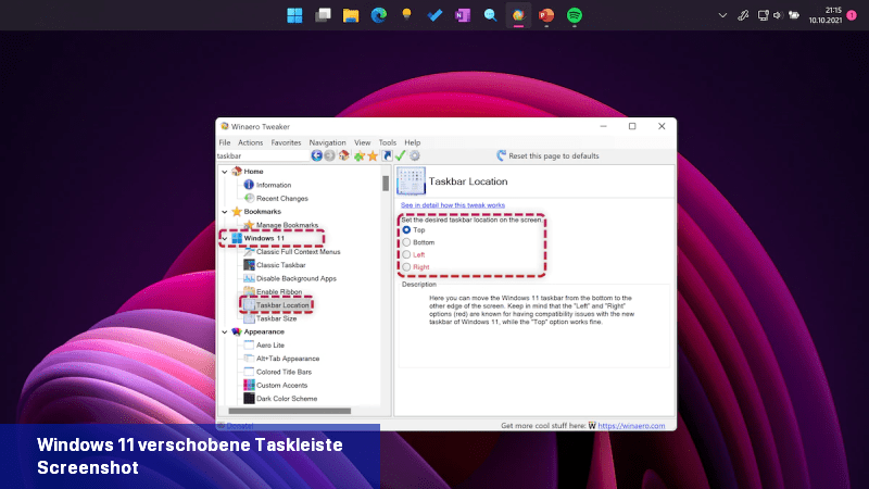 Windows 11 verschobene Taskleiste Screenshot