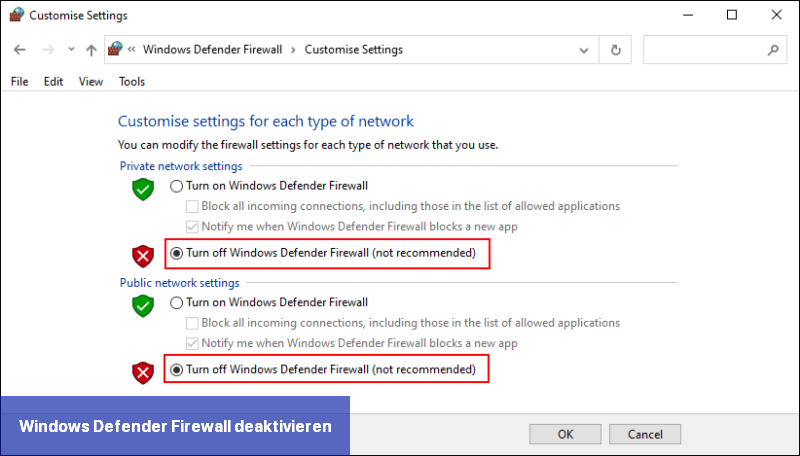 Windows Defender Firewall deaktivieren
