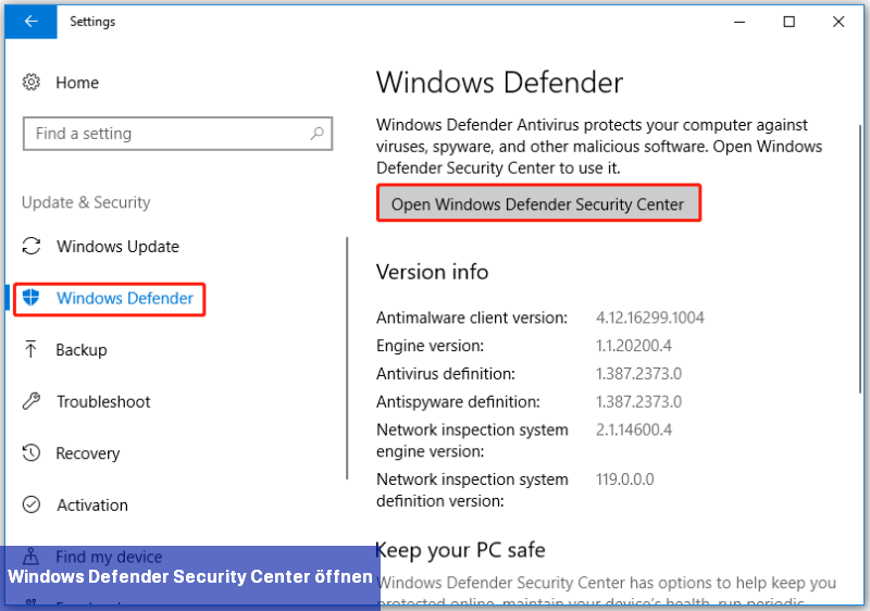 Windows Defender Security Center öffnen