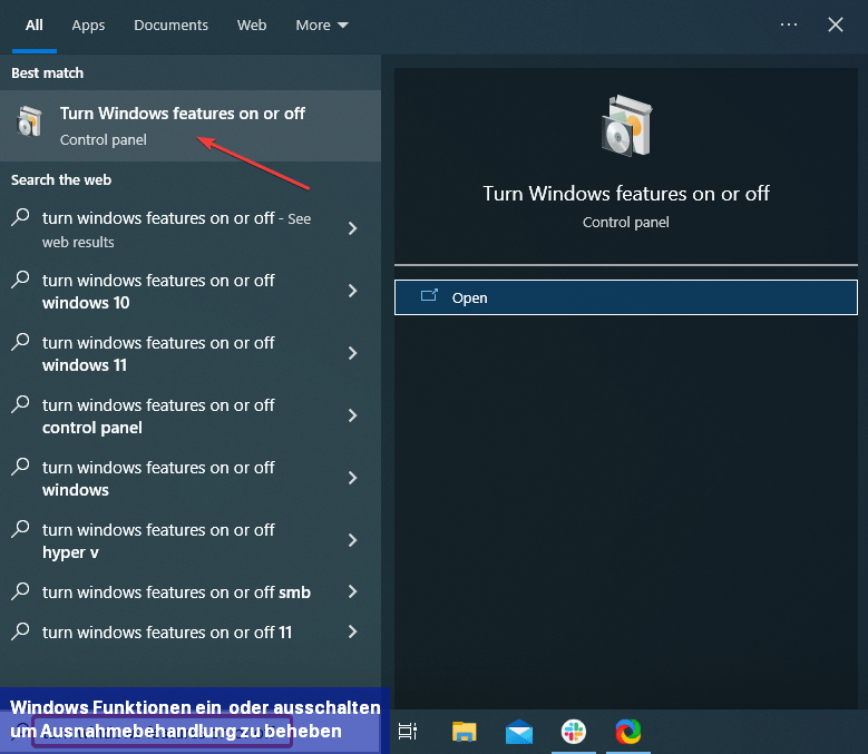 Windows-Funktionen ein- oder ausschalten um Ausnahmebehandlung zu beheben
