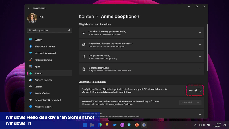 Windows Hello deaktivieren Screenshot Windows 11
