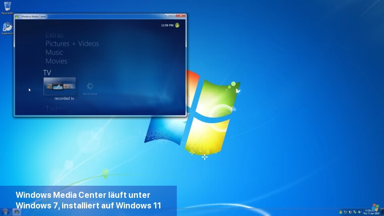 Windows Media Center läuft unter Windows 7, installiert auf Windows 11