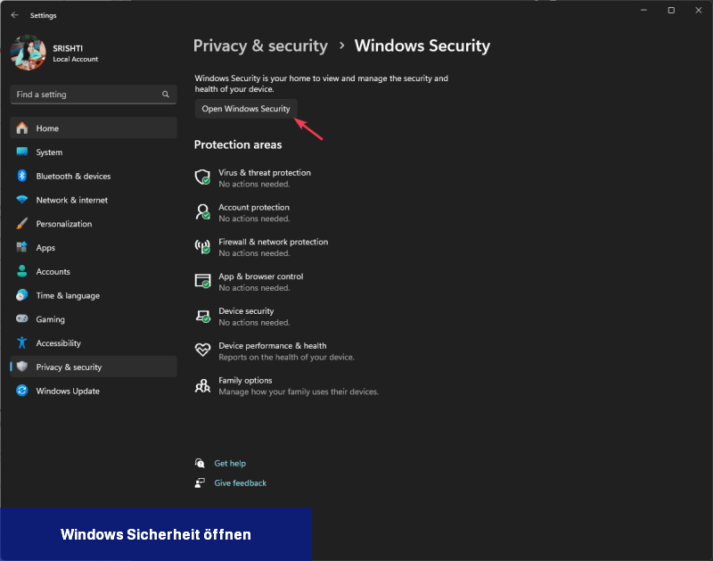 Windows Sicherheit öffnen
