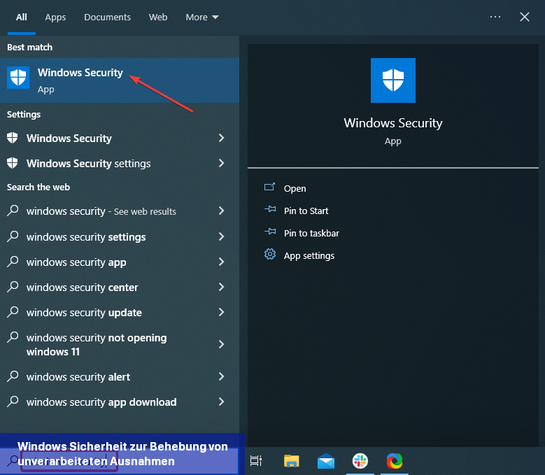 Windows-Sicherheit zur Behebung von unverarbeiteten Ausnahmen