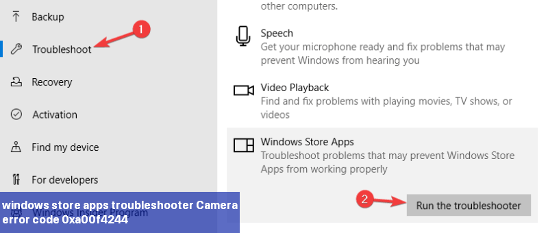 windows store apps troubleshooter Camera error code 0xa00f4244