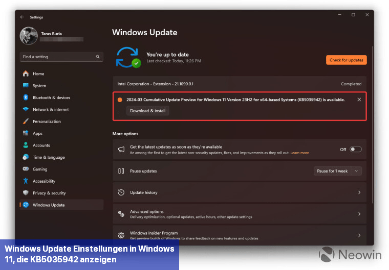 Windows Update-Einstellungen in Windows 11, die KB5035942 anzeigen