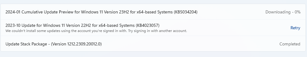 Fehler beim Installieren des Updates KB5034204